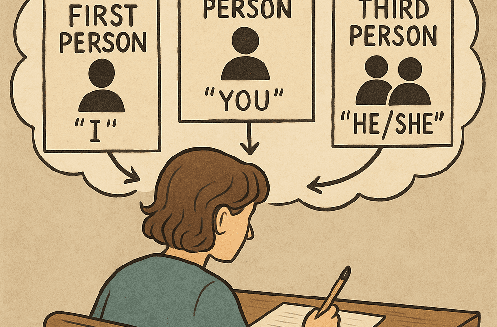 Illustration showing a writer choosing between first person, second person, and third person narration and point of view for a novel