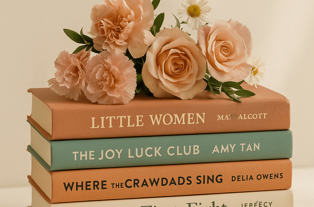 Stack of books with flowers for Mother’s Day gift
