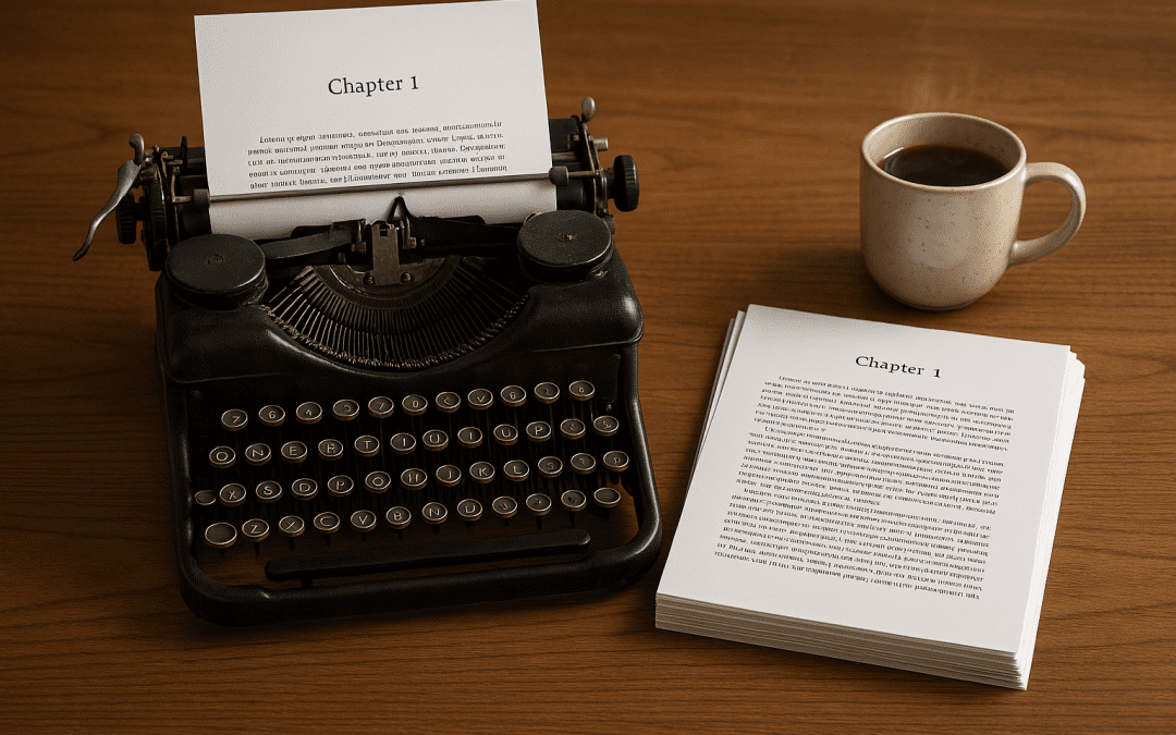 Classic vintage typewriter, crisp manuscript, and steaming mug of tea on a writing desk — symbolizing traditional print publishing