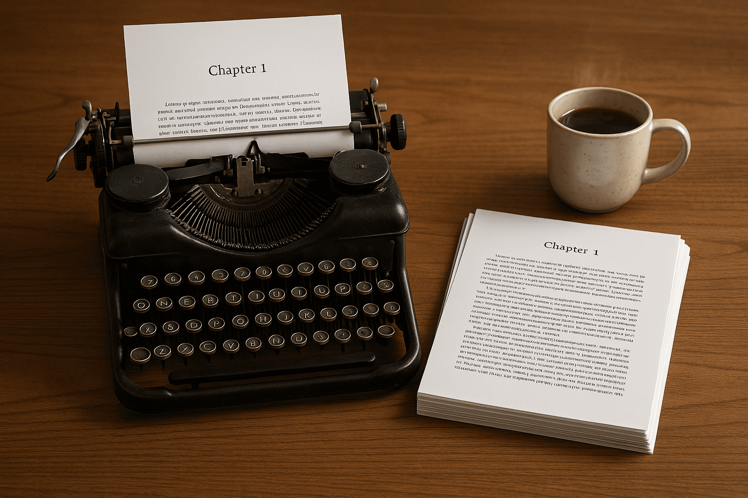 Classic vintage typewriter, crisp manuscript, and steaming mug of tea on a writing desk &mdash; symbolizing traditional print publishing