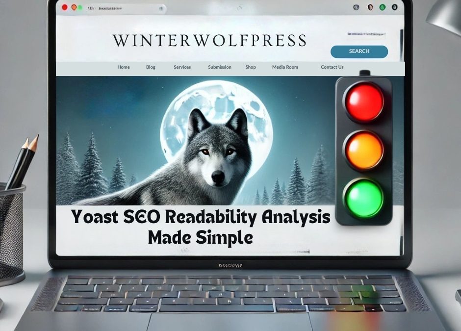Digital graphic showing SEO readability analysis with traffic light icons and a blog post open on a laptop