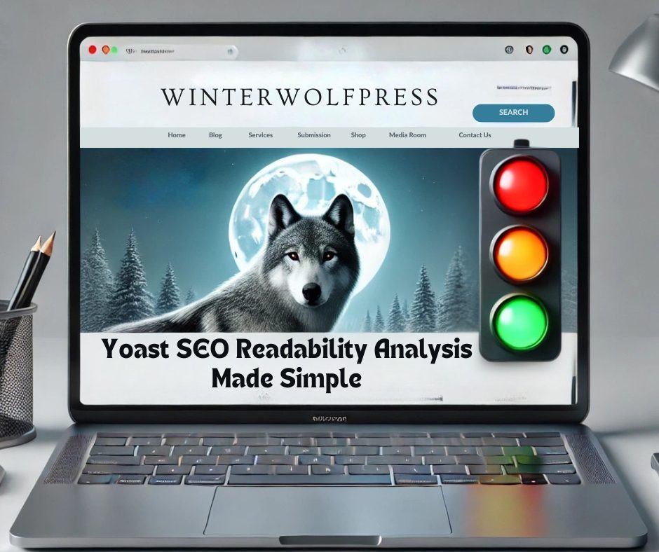 Digital graphic showing SEO readability analysis with traffic light icons and a blog post open on a laptop