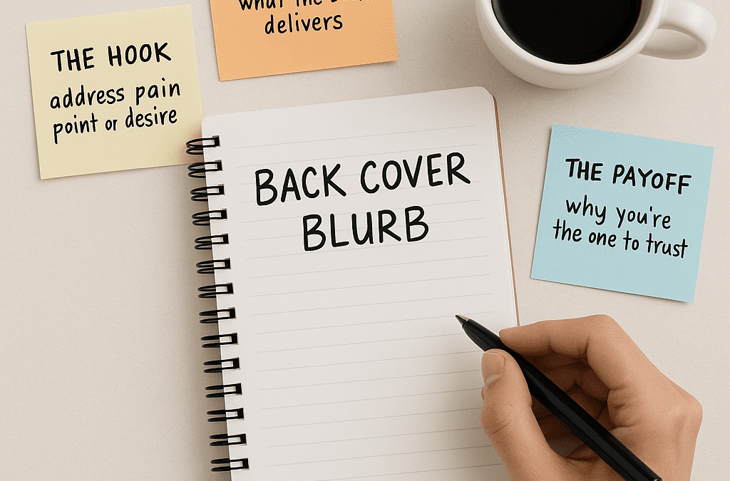 Author notebook with brainstorming notes for nonfiction book blurb