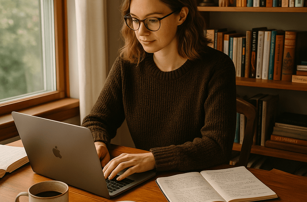 Person writing on a laptop with coffee, surrounded by books and editing notes.