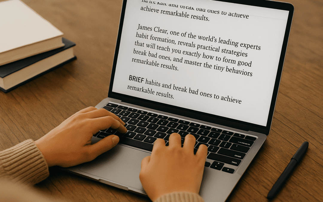 author writing a nonfiction book blurb on a laptop.