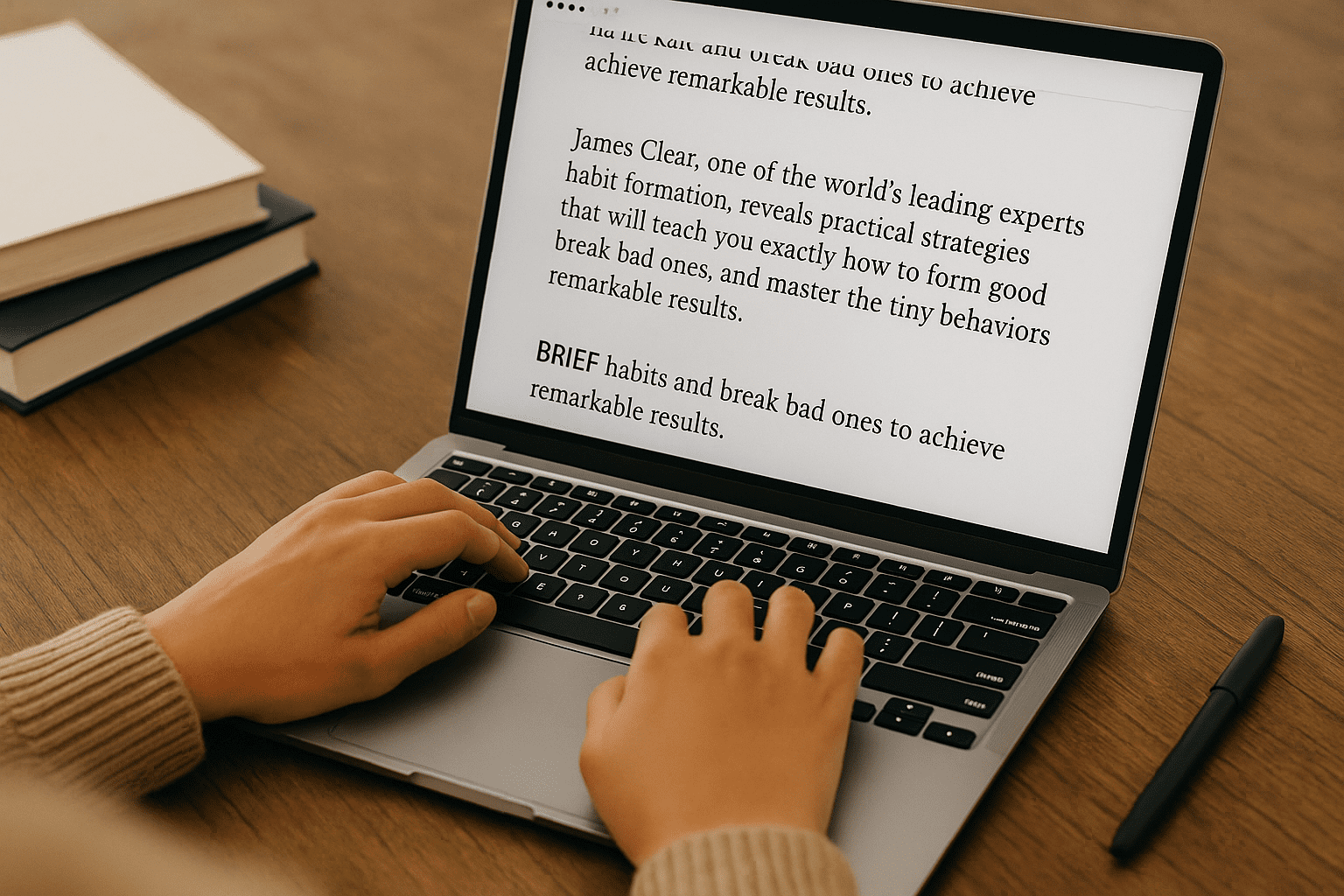 author writing a nonfiction book blurb on a laptop.