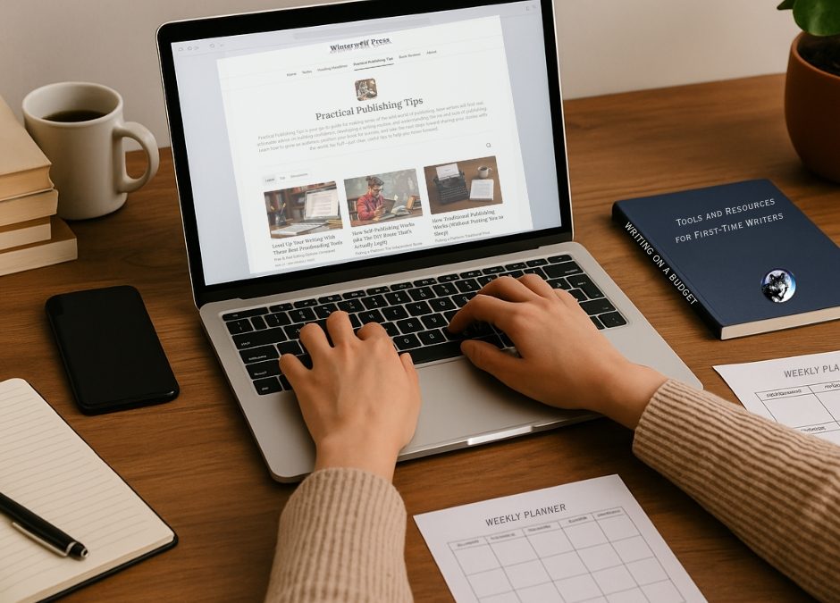 a writer working on a laptop surrounded by budget-friendly writing tools