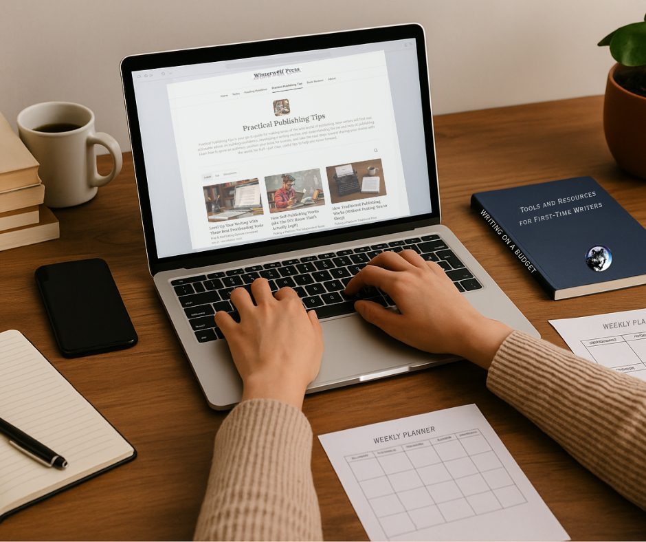 a writer working on a laptop surrounded by budget-friendly writing tools