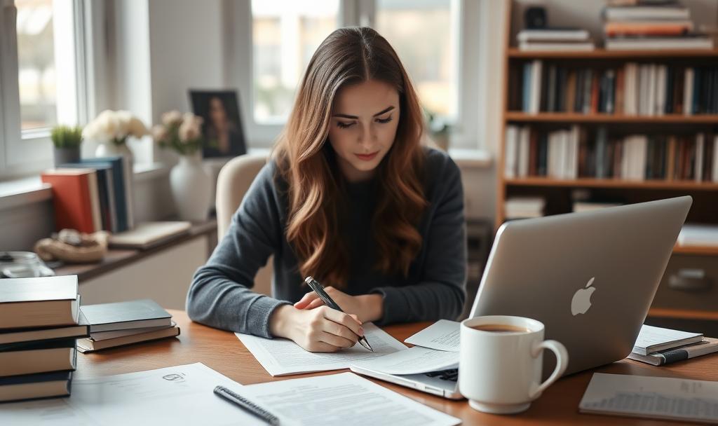 Author reviewing nonfiction book blurbs at a desk, surrounded by notes, books, and a laptop during a writing session.