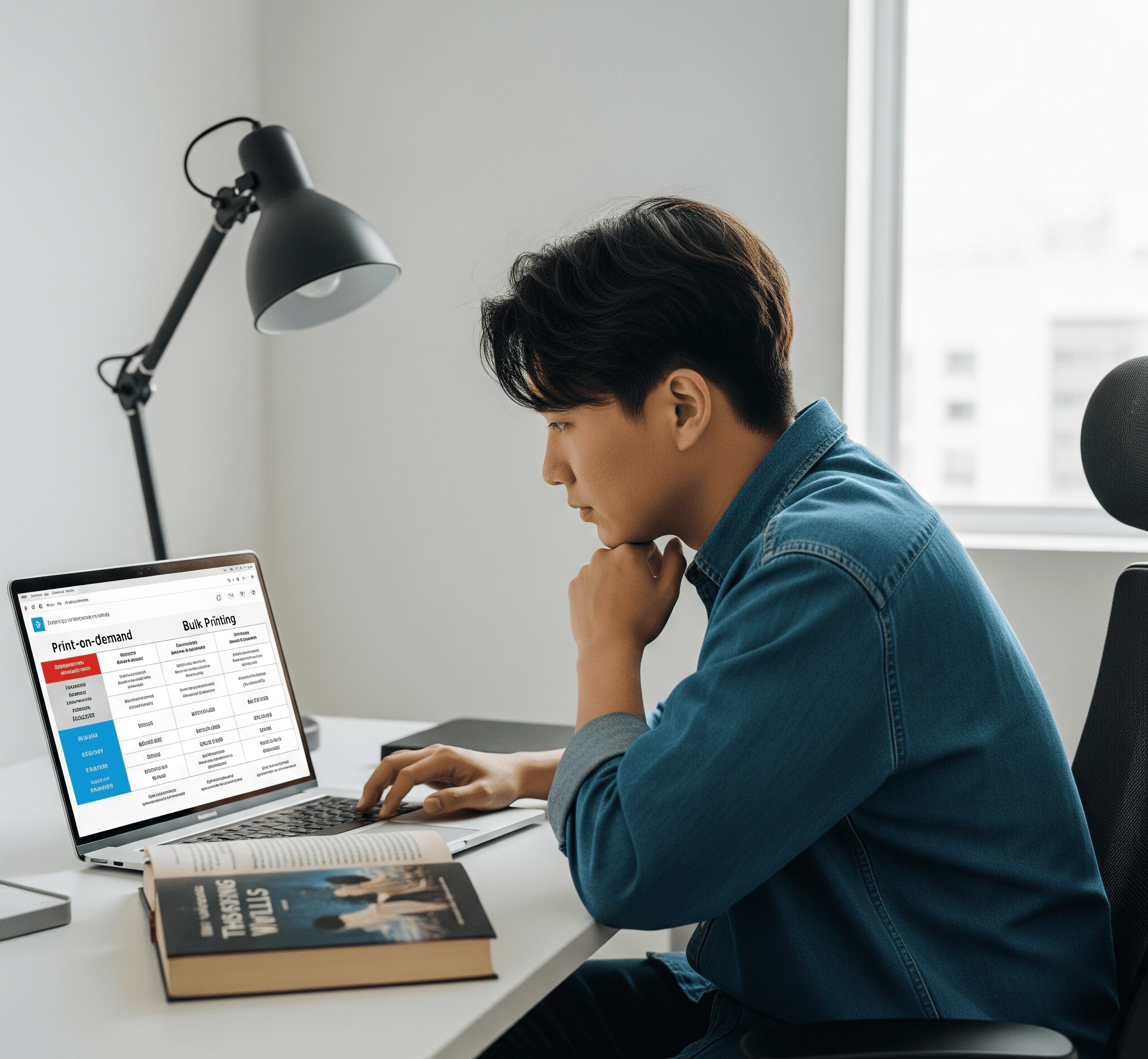 Author comparing print on demand vs bulk printing on laptop