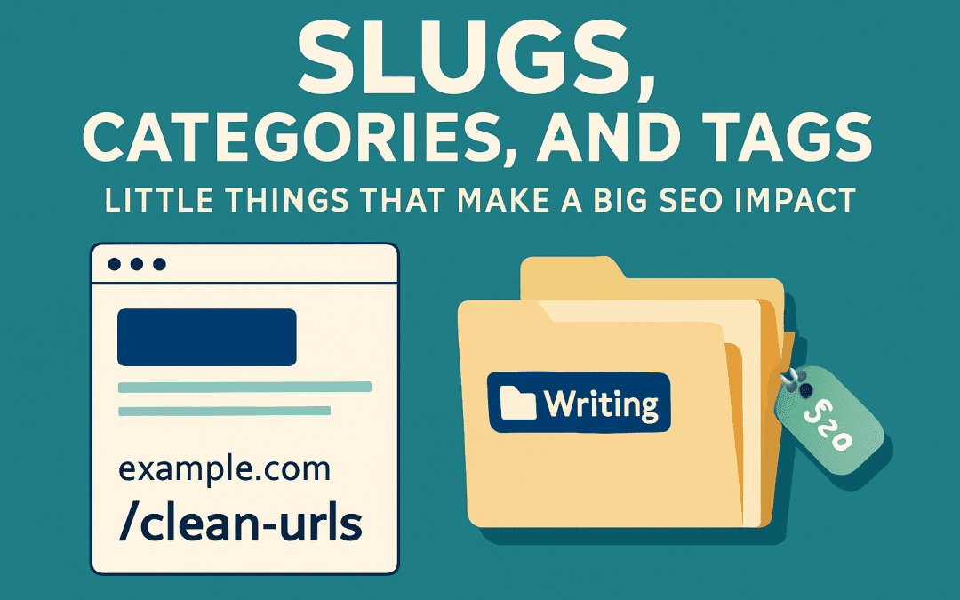 A digital vector illustration of blog folders and tag labels arranged neatly to represent better slugs categories and tags