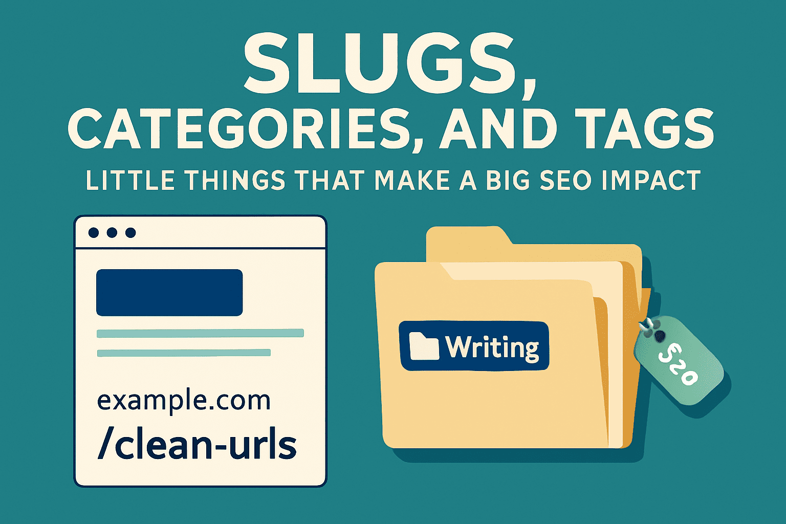 A digital vector illustration of blog folders and tag labels arranged neatly to represent better slugs categories and tags