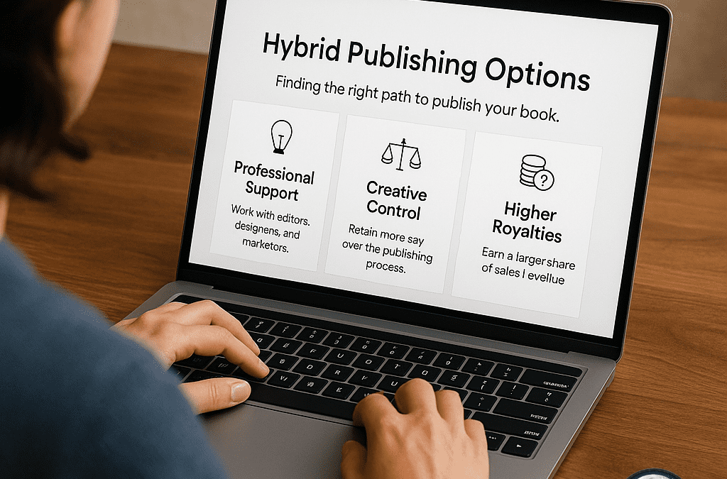 author researching hybrid publishing options on laptop