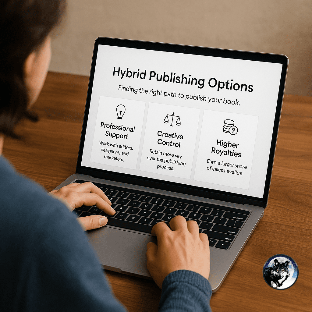 author researching hybrid publishing options on laptop