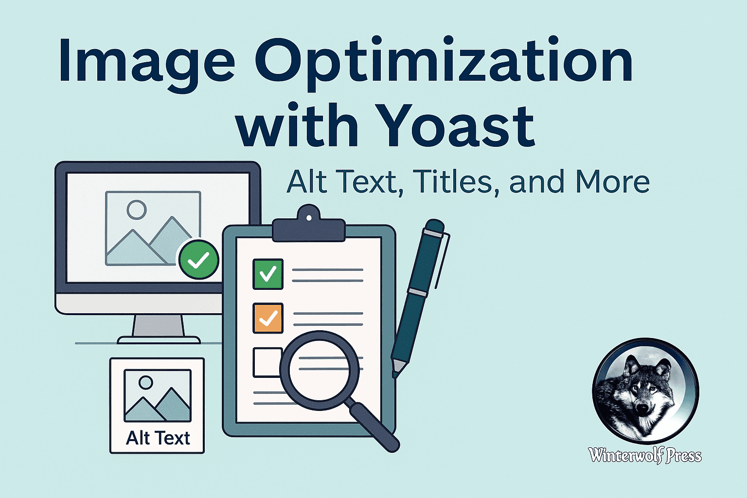Digital illustration showing image optimization tips for authors using Yoast SEO