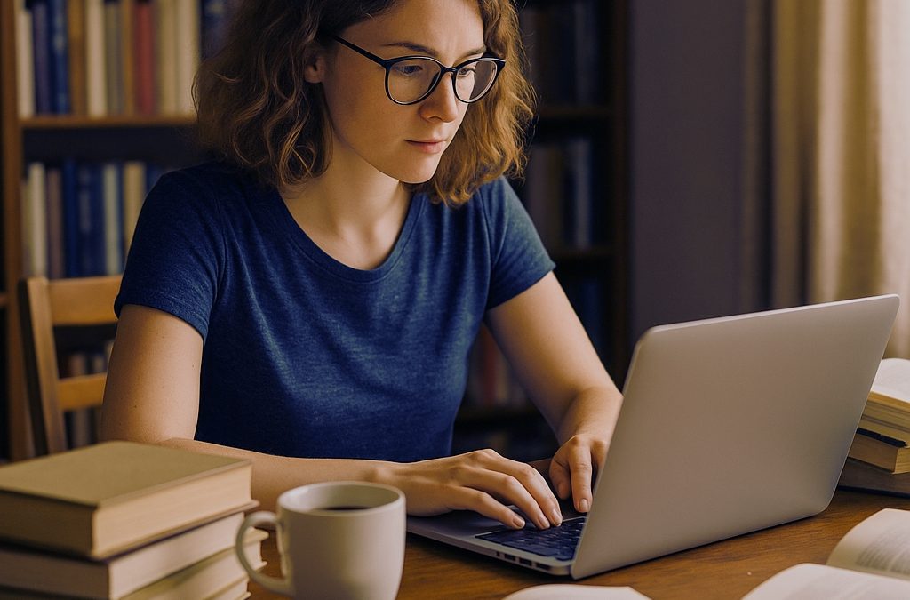 Indie author writing at a laptop surrounded by books and coffee
