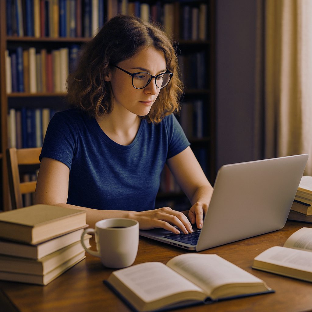 Indie author writing at a laptop surrounded by books and coffee