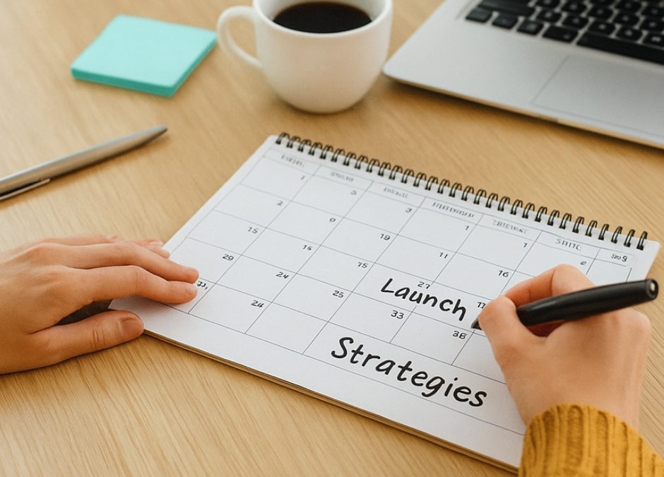 Author planning book launch strategy with calendar, laptop, and coffee mug on desk