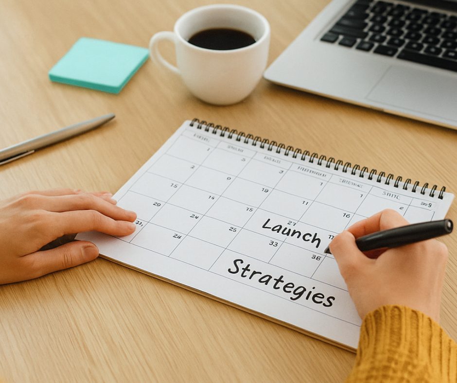 Author planning book launch strategy with calendar, laptop, and coffee mug on desk