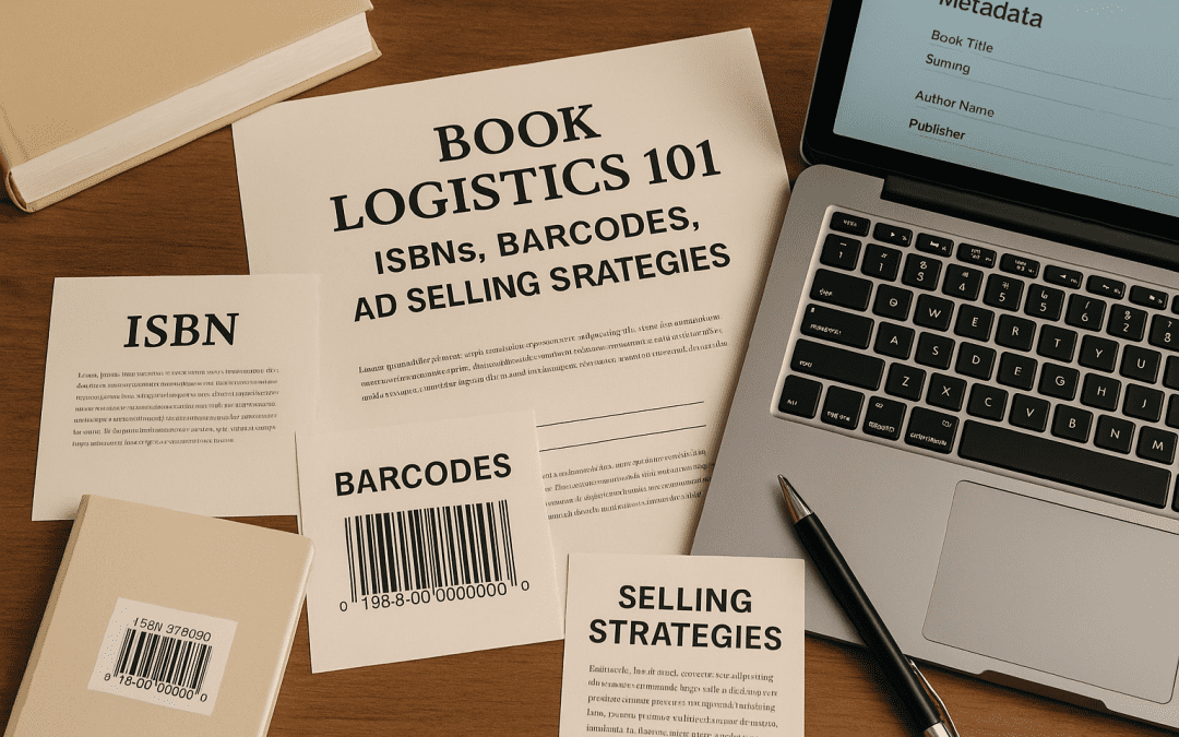 Author’s desk with book publishing materials, barcode, and ISBN info visible.