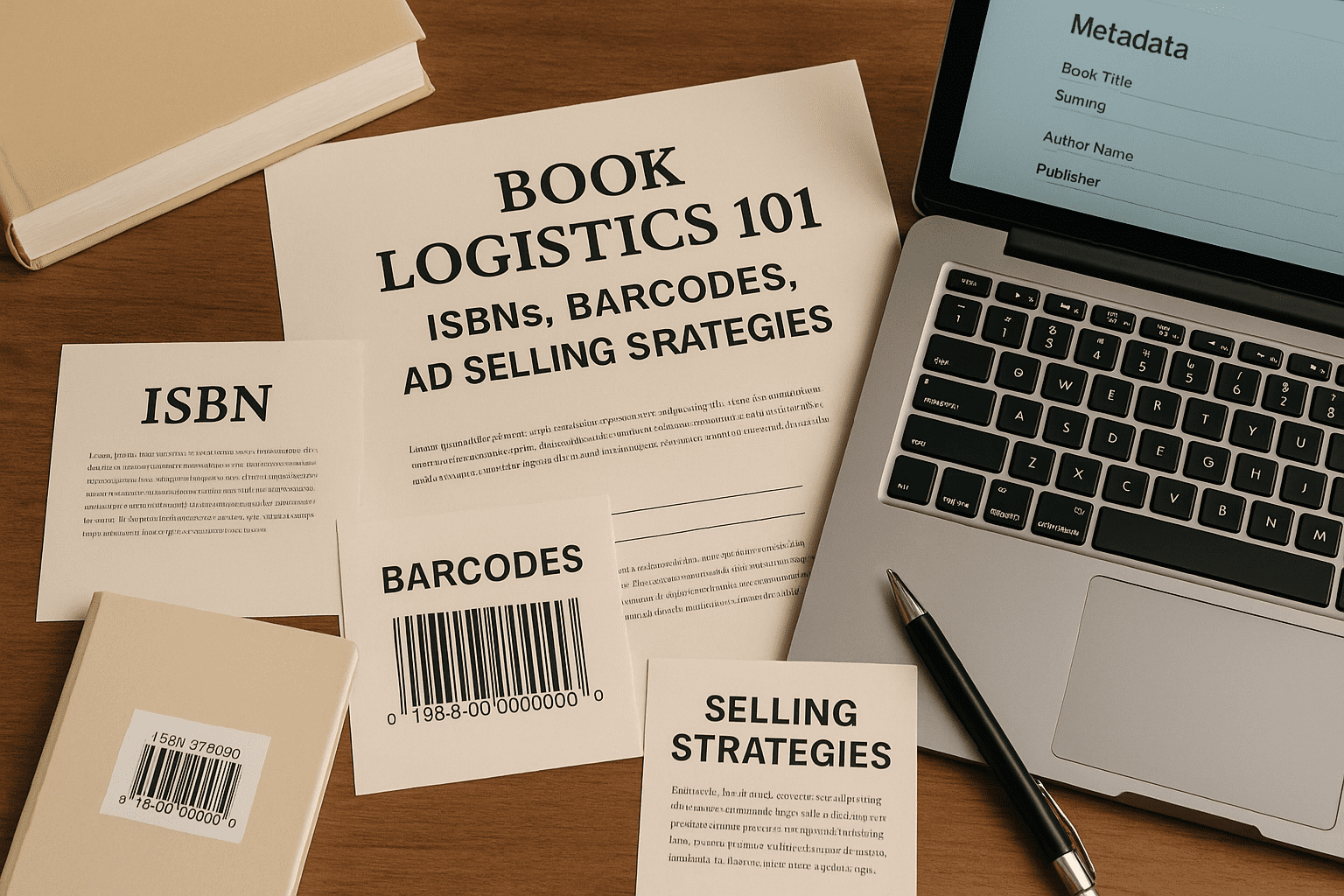 Author&rsquo;s desk with book publishing materials, barcode, and ISBN info visible.