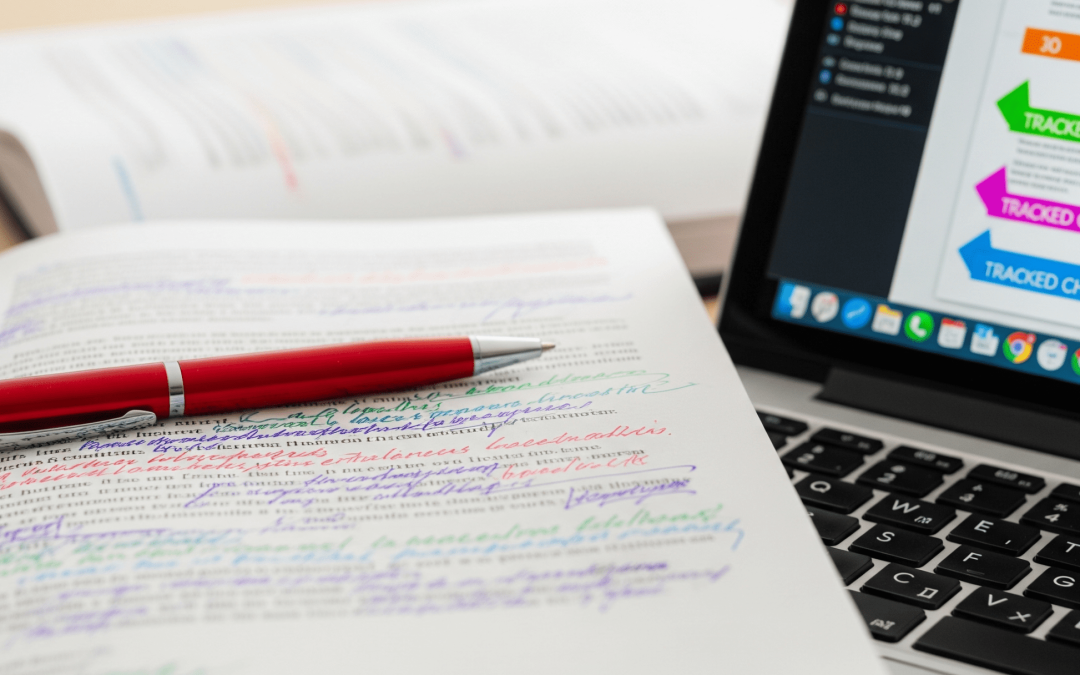 Book editing process in progress with printed manuscript and editing notes.