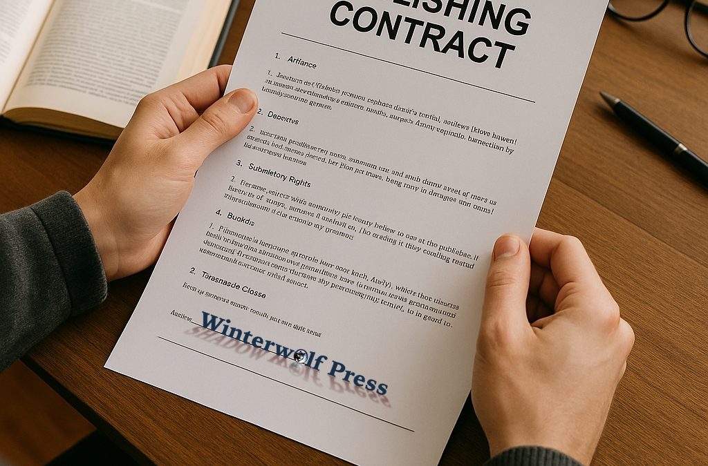 Author reading a publishing contract at desk