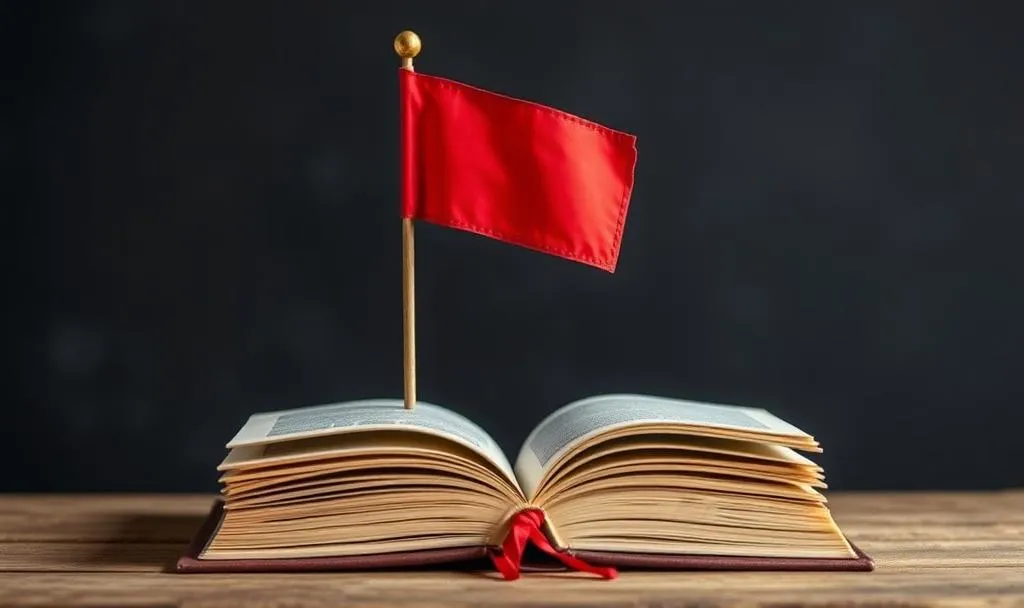 Red flag in an open book symbolizing red flags in publishing