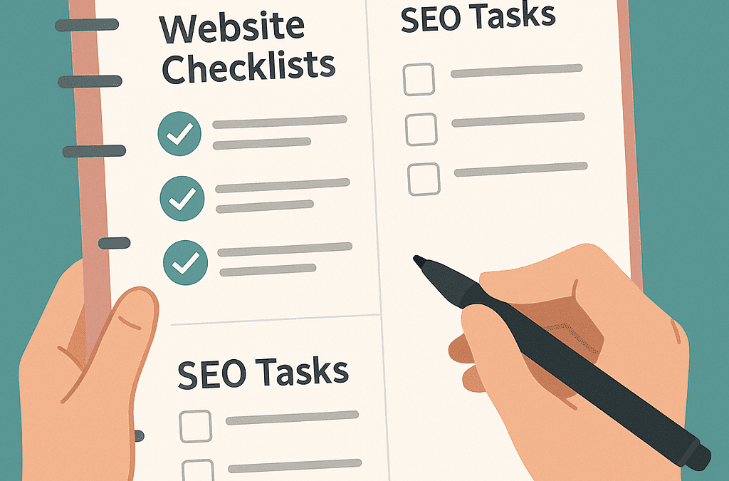 A digital planner showing website checklists and SEO tasks for ongoing content updates