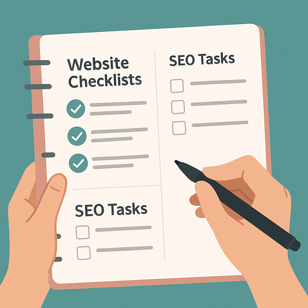 A digital planner showing website checklists and SEO tasks for ongoing content updates