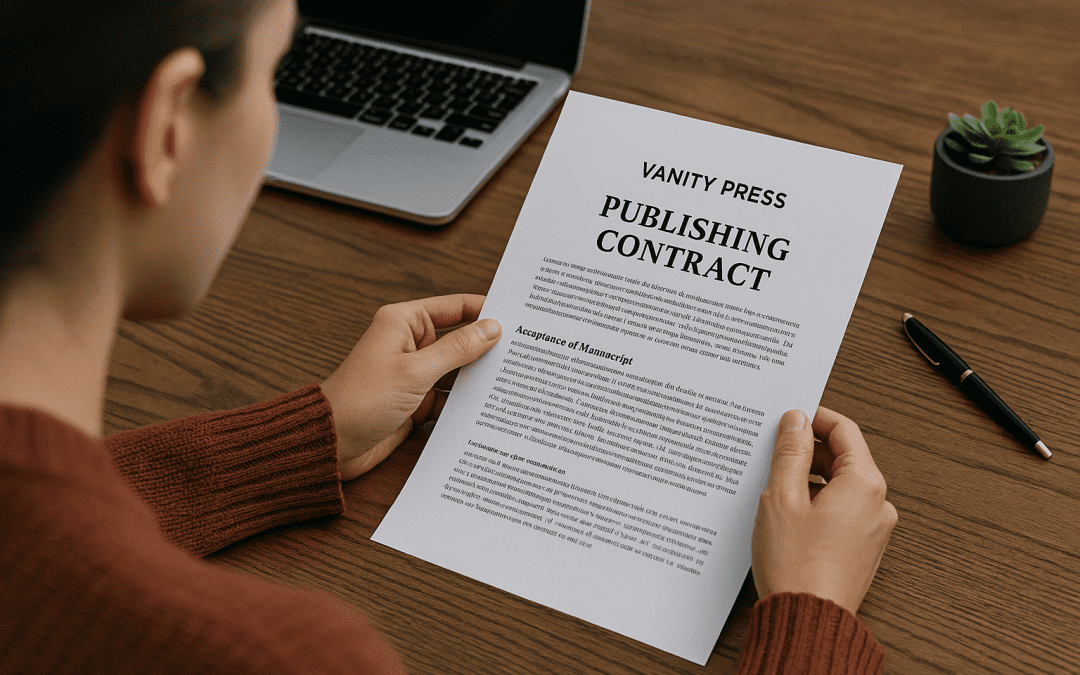 Author reading contract from vanity press publisher
