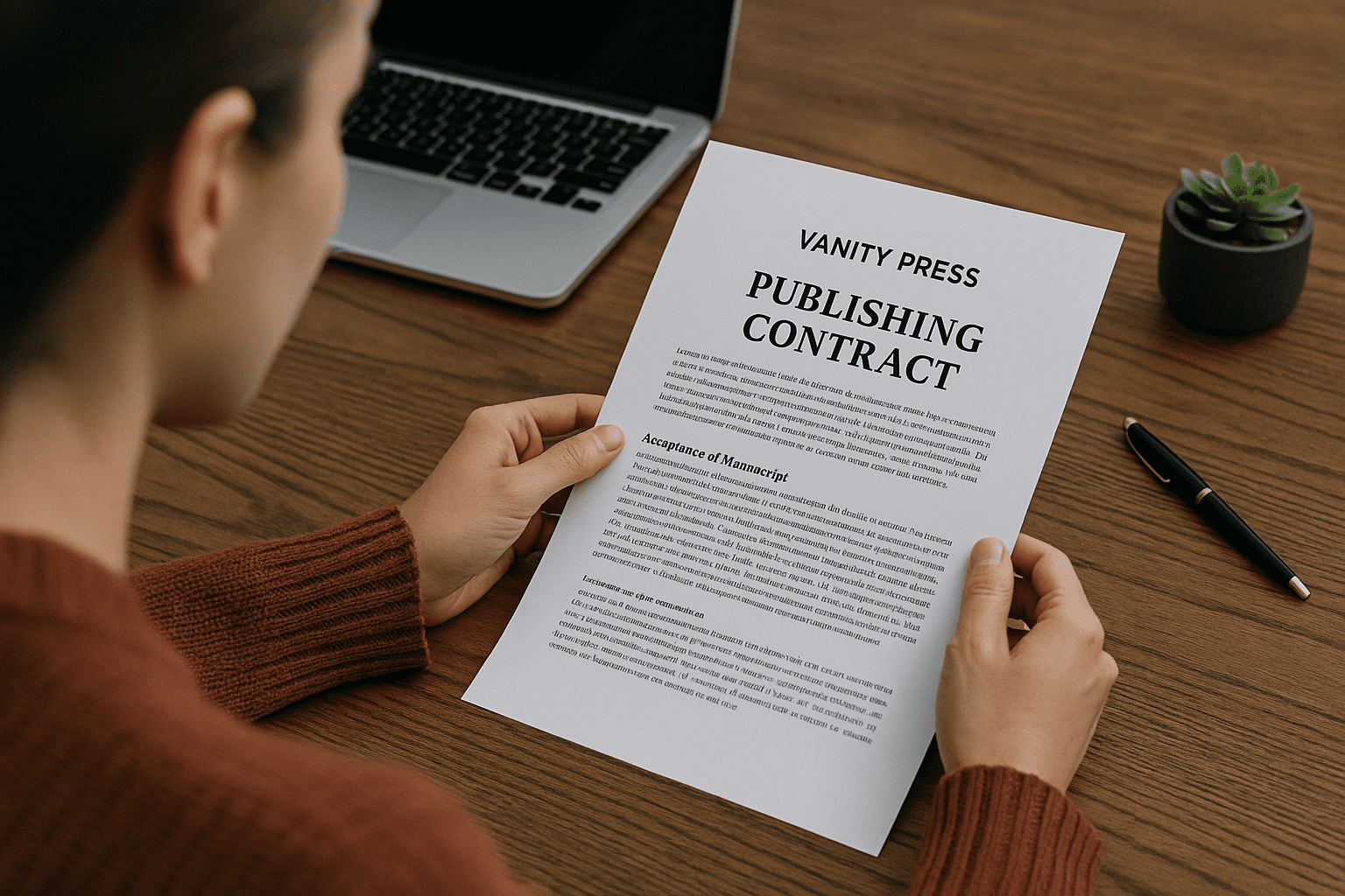 Author reading contract from vanity press publisher