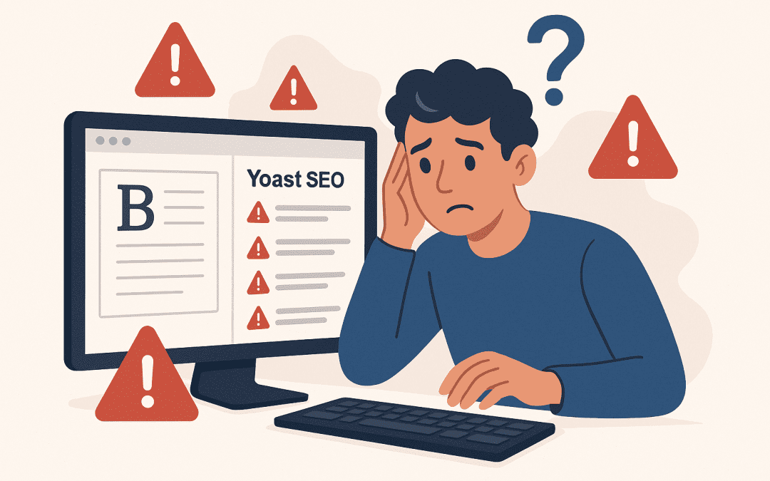 A confused user reviewing Yoast SEO analysis in a blog editor with warning symbols