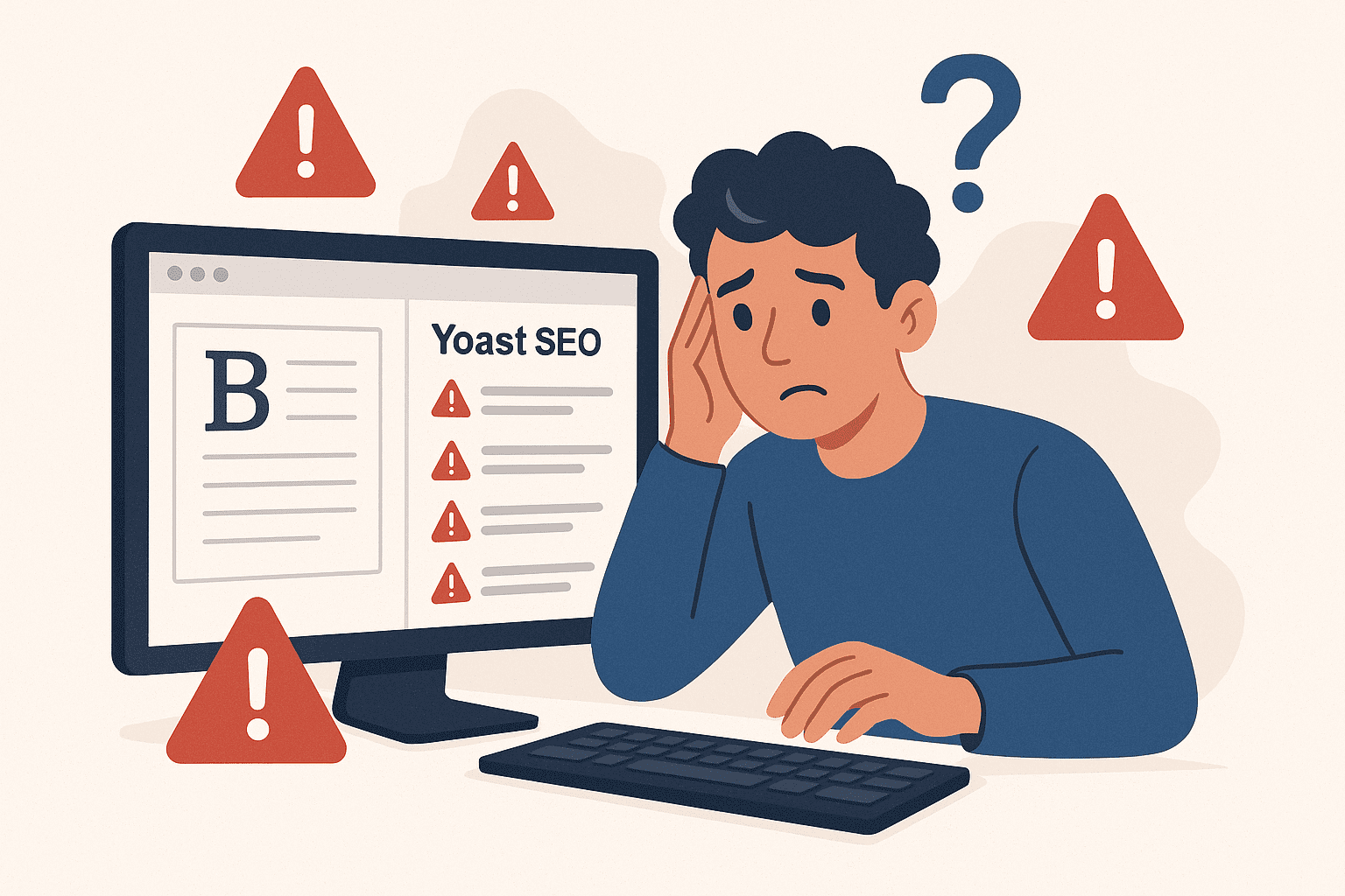 A confused user reviewing Yoast SEO analysis in a blog editor with warning symbols