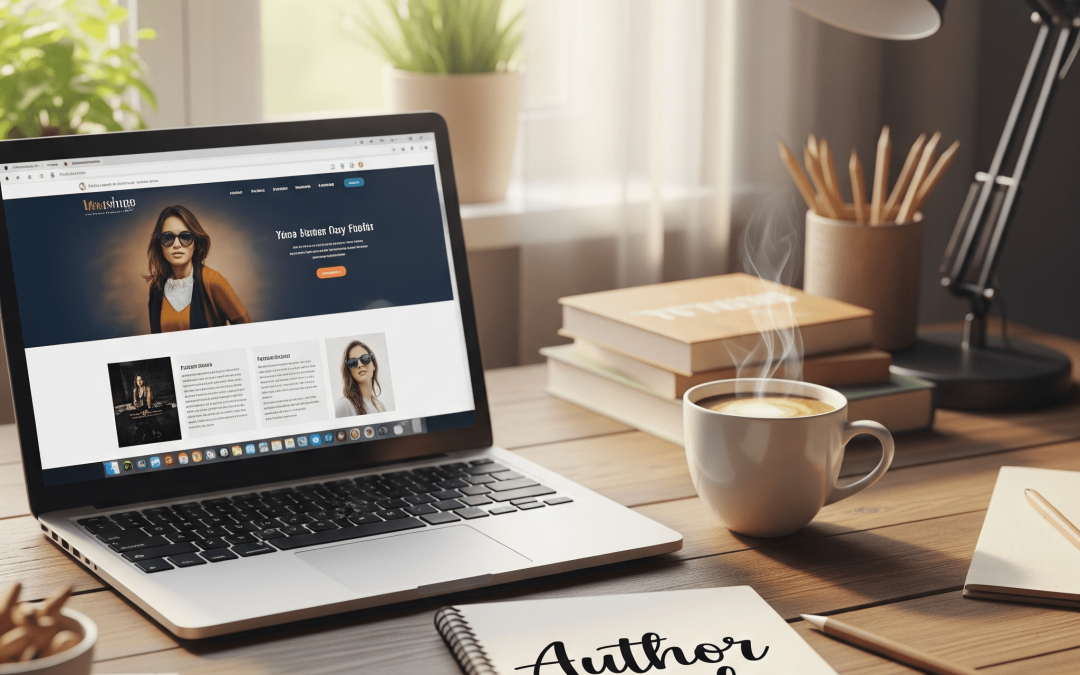 Author branding workspace with website, notes, and coffee.