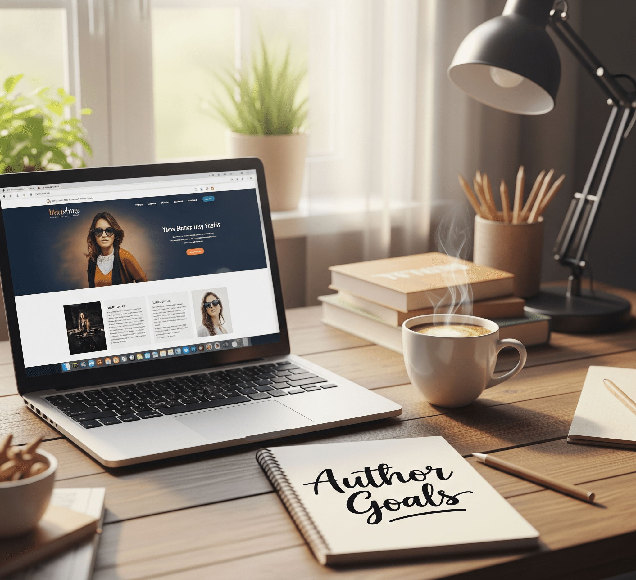 Author branding workspace with website, notes, and coffee.