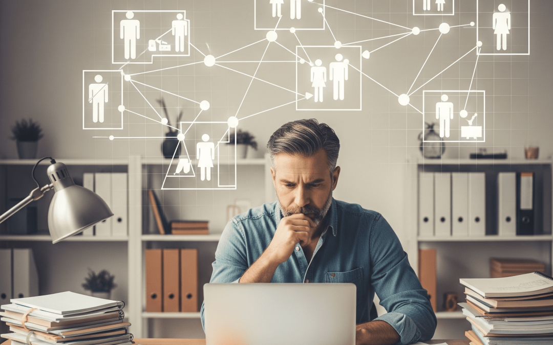 Writer planning a story with notes and laptop, visualizing the main plot with characters and story paths in the background.