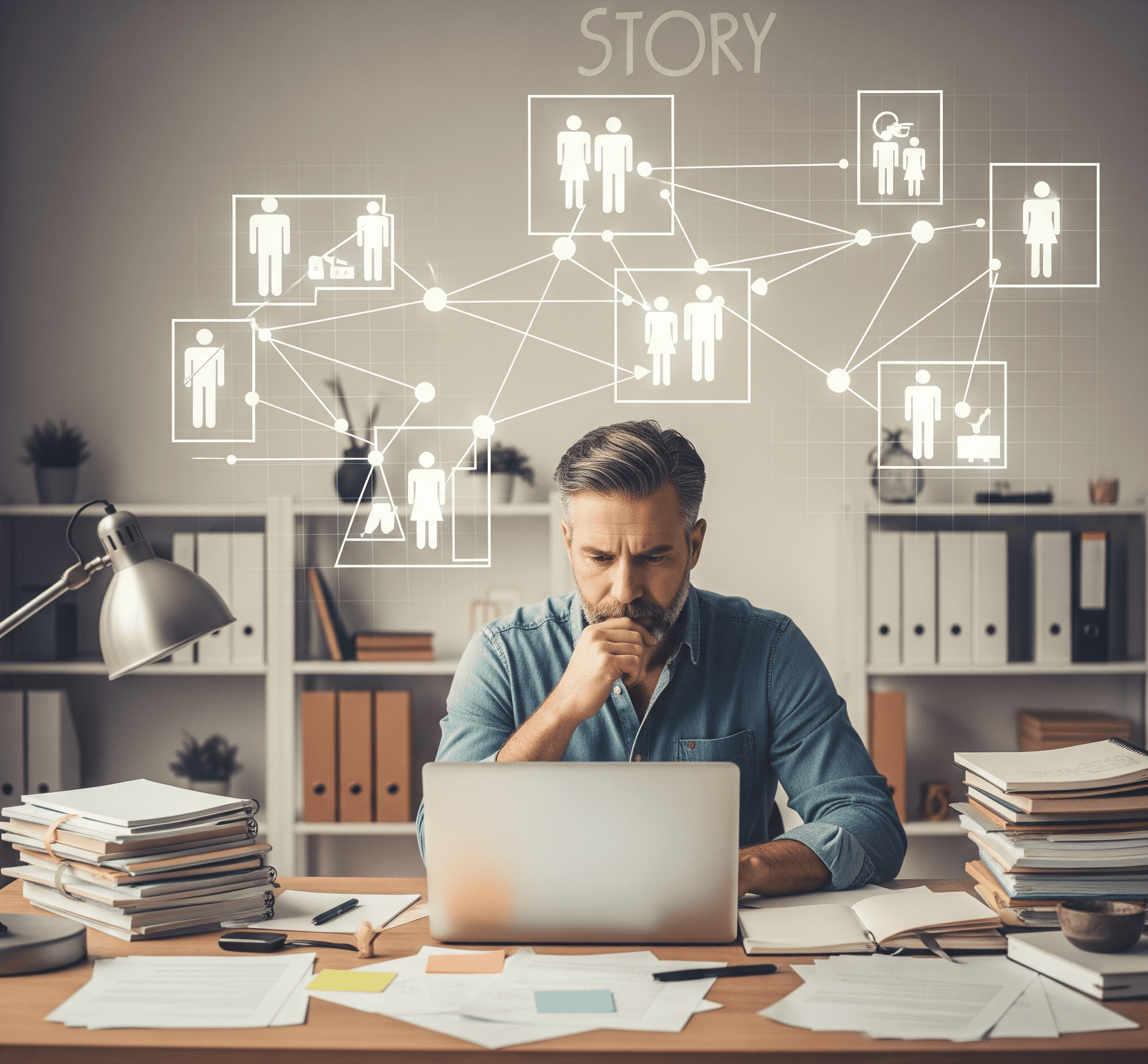 Writer planning a story with notes and laptop, visualizing the main plot with characters and story paths in the background.