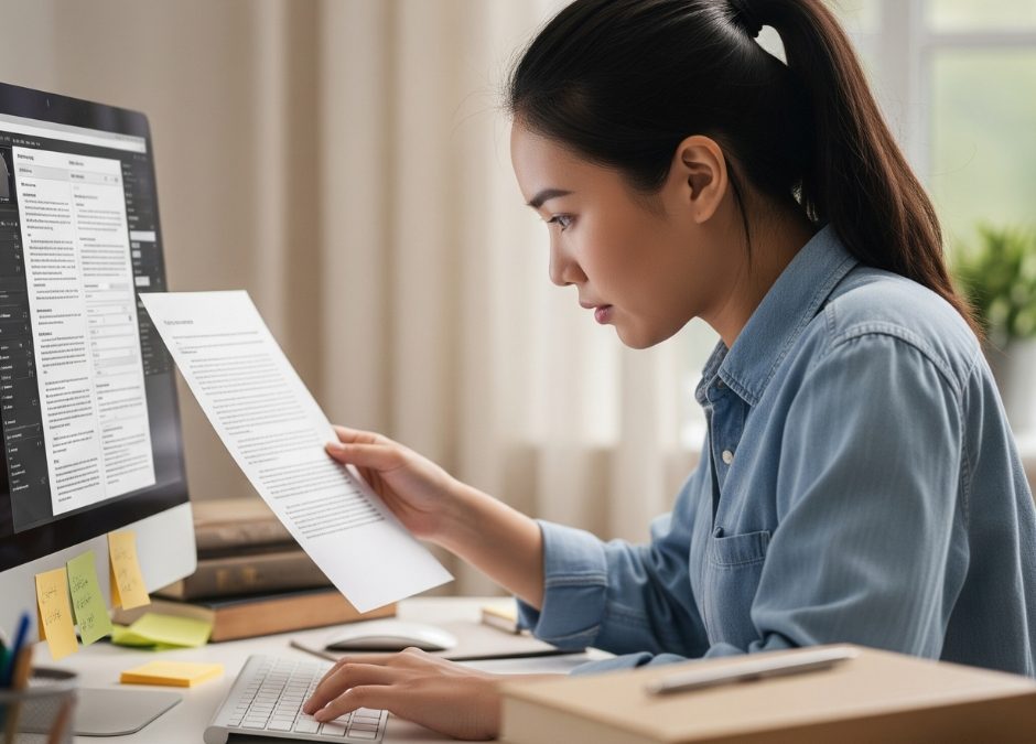 A writer preparing a manuscript for submission, checking formatting guidelines on a laptop