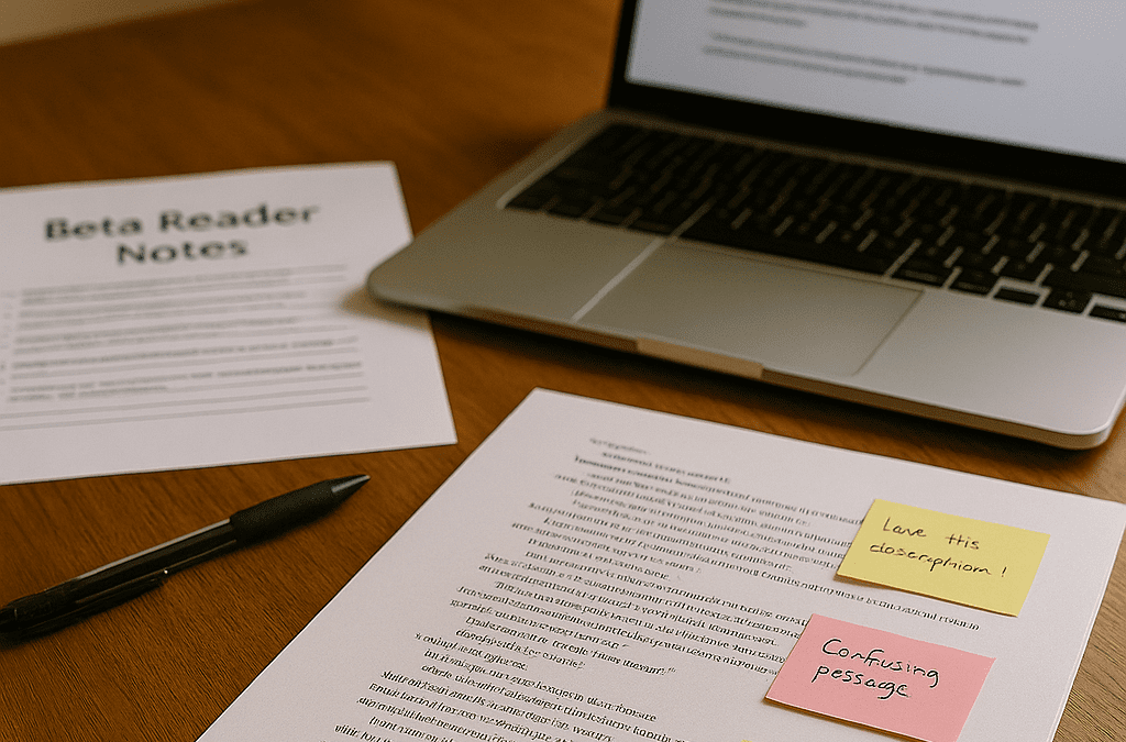 Manuscript with handwritten notes and digital feedback from beta and sensitivity readers.