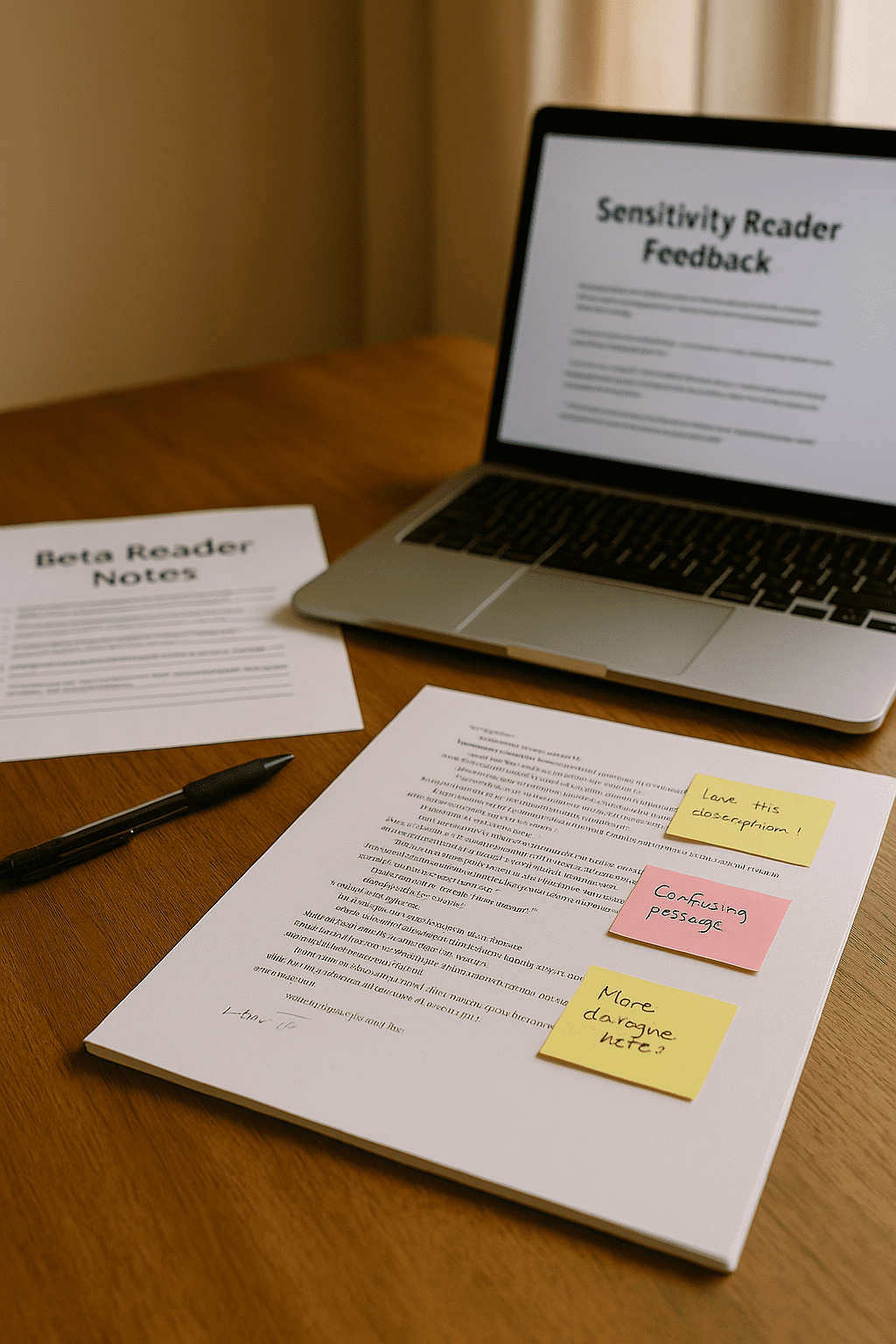 Manuscript with handwritten notes and digital feedback from beta and sensitivity readers.