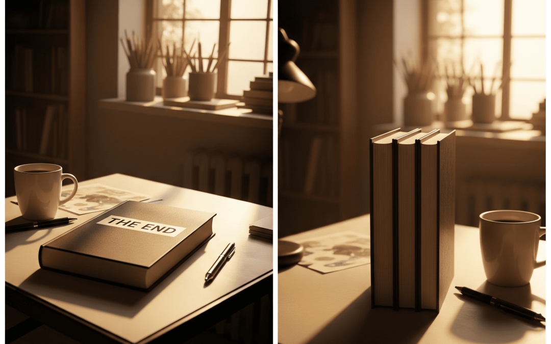 Single book vs. stacked trilogy on a writing desk, symbolizing standalone vs. series.