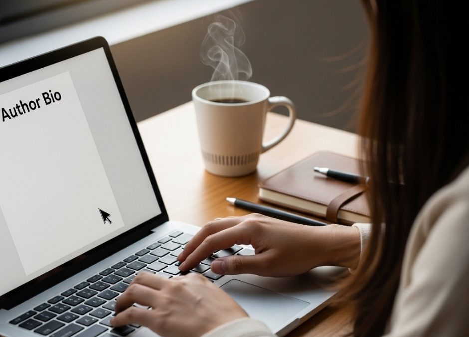 A person writing an author bio at a desk with a laptop and coffee.
