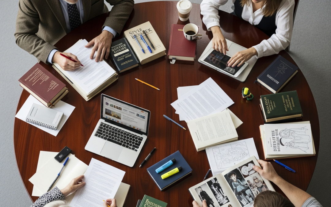 A high-angle shot provides a top-down view of four individuals, representing different types of book editors, seated around it.