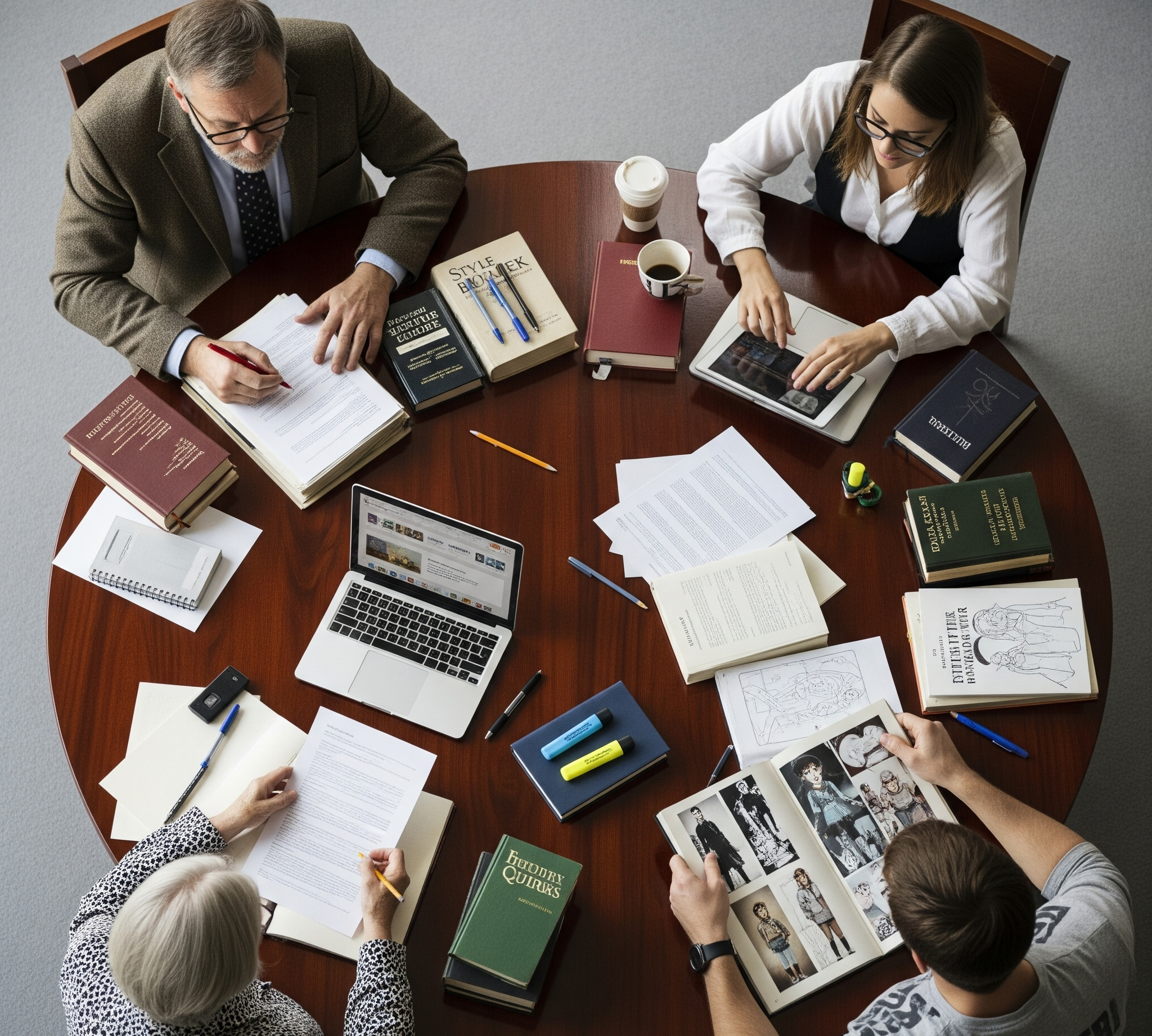 A high-angle shot provides a top-down view of four individuals, representing different types of book editors, seated around it.