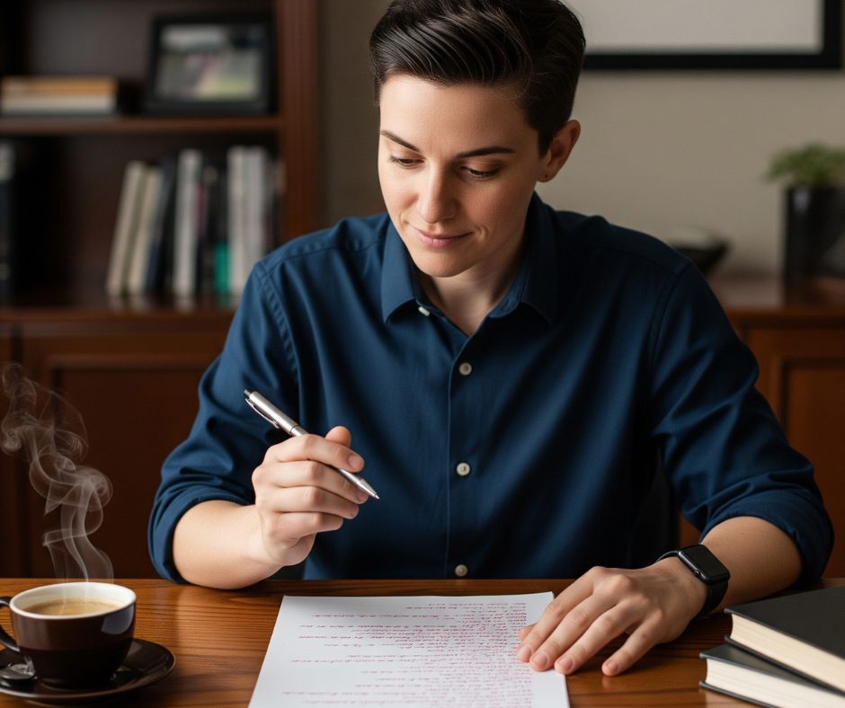 A person holding a manuscript and a pen, looking at notes with a thoughtful expression, with the text Disagree with Your Editor overlaid.