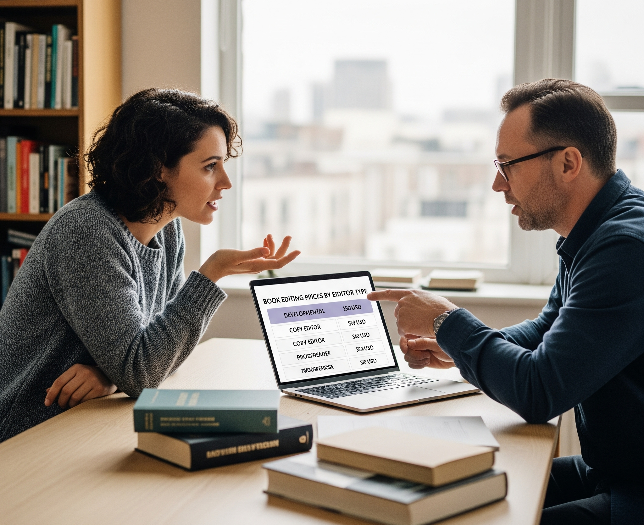 A writer and Editor discussing the chart showing typical book editing cost by type