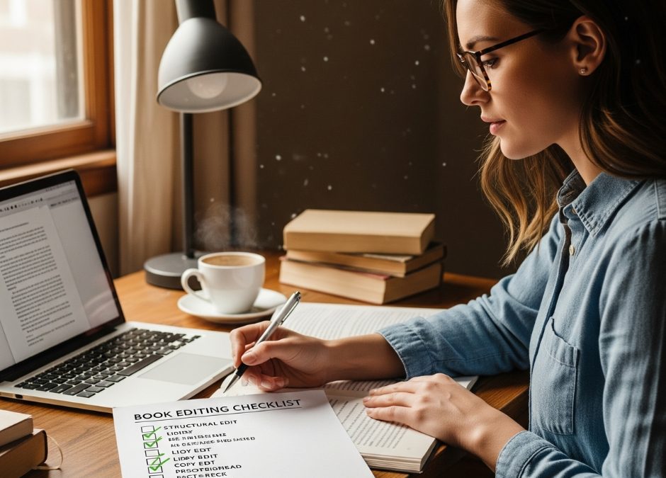 An author checking items off a book editing checklist.
