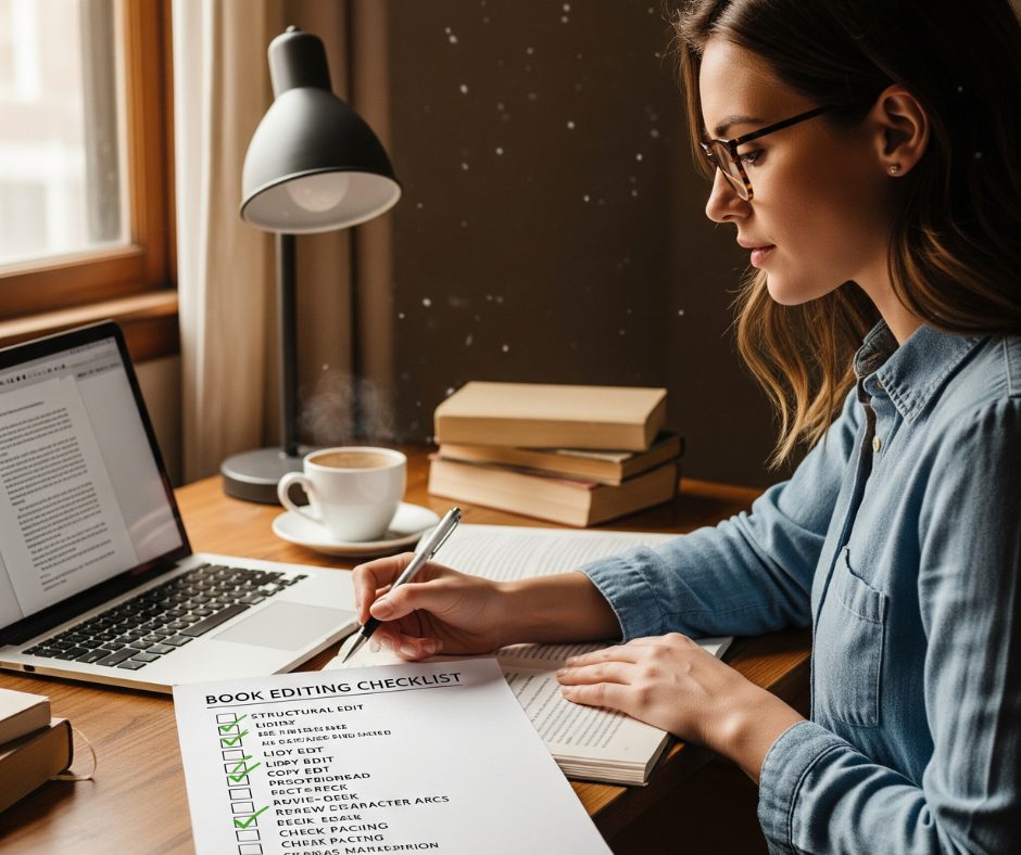 An author checking items off a book editing checklist.
