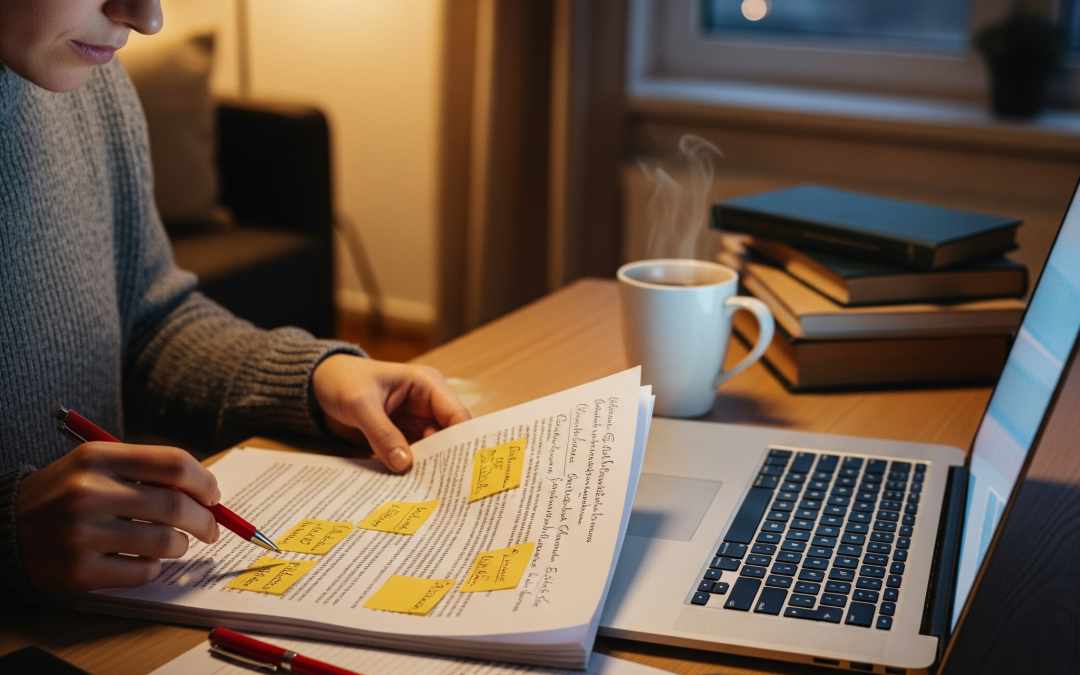 A writer reviewing a printed manuscript with notes and a red pen beside a laptop, contemplating her choice of book editing services.